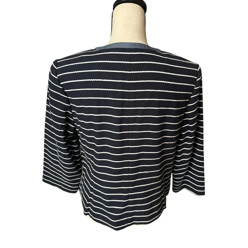 NWT Talbots Navy White Striped Blazer Eye Hook Front Close Cotton Jacket Size 12